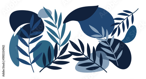 Abstract Botanical Pattern with Blue Leaves and Shapes