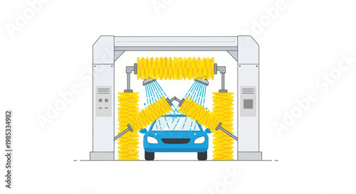 Automatic Car Wash Station with Blue Car and Brushes