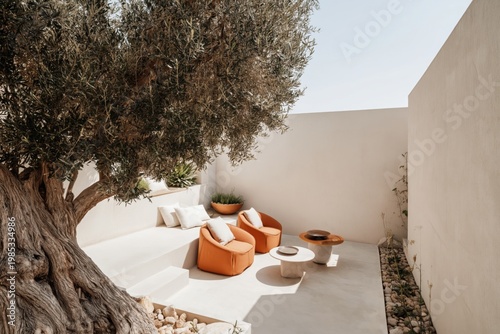 Olive tree with a gnarled trunk stands next to a small outdoor seating area with two orange armchairs and circular coffee tables on a stone patio against a high white wall.