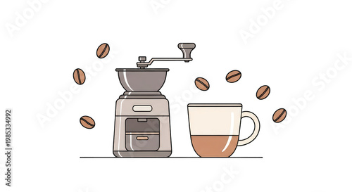 Vintage Coffee Grinder and Cup with Beans - Flat Design Illustration