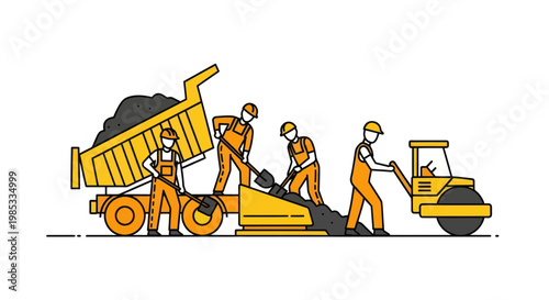 Construction workers paving road with asphalt using dump truck and roller