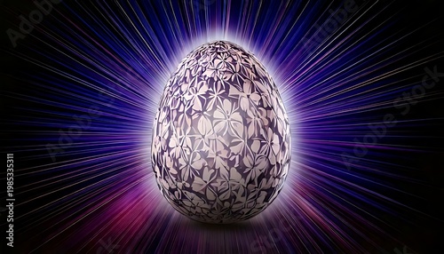 Digital rendering of an egg-shaped object with a floral pattern, radiating with purple and white beams against black