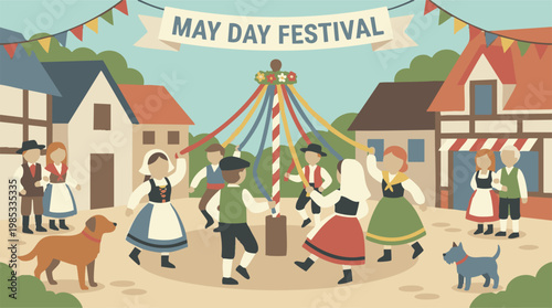 May Day Festival Illustration with People Dancing Around a Maypole