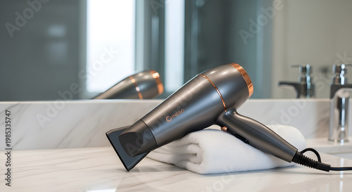 Modern hair dryer with sleek design placed on a white towel on a countertop, next to a bathroom mirror reflecting the appliance