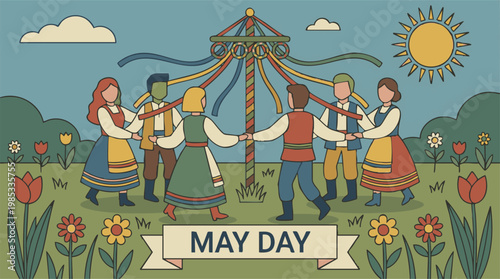 People in traditional folk costumes dancing around a Maypole on May Day