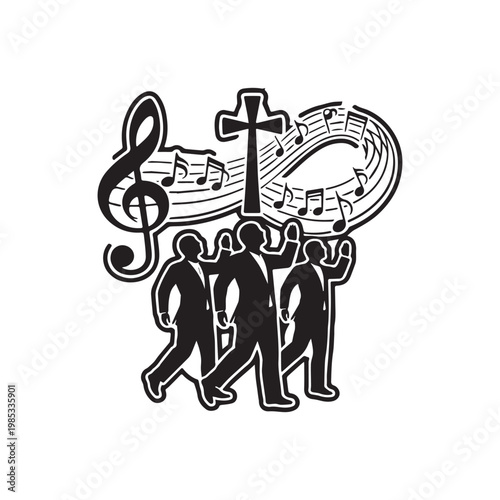 Christian Worship Illustration Featuring Church Choir Singing Praise Music Near Holy Cross Symbol. 