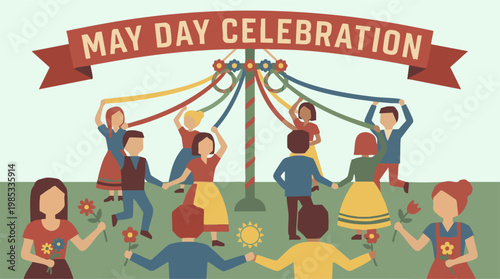 May Day Celebration with People Dancing Around a Maypole in Flat Style