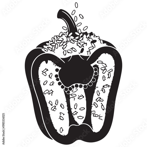 Cut bell pepper filled with rice grains, food and drink