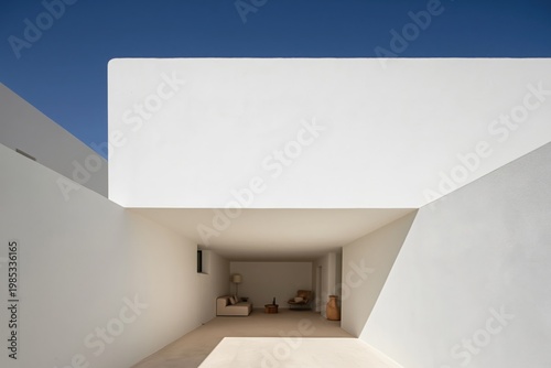 Architecture features a minimalist white home exterior with a covered patio area and clean geometric lines under a clear blue sky during a bright sunny afternoon in a modern residential setting.