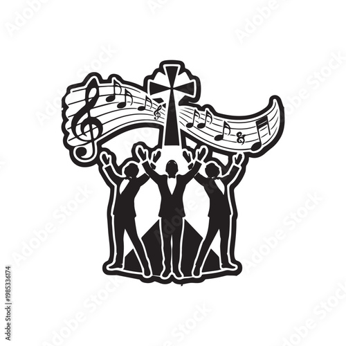 Christian Worship Illustration Featuring Church Choir Singing Praise Music Near Holy Cross Symbol. 