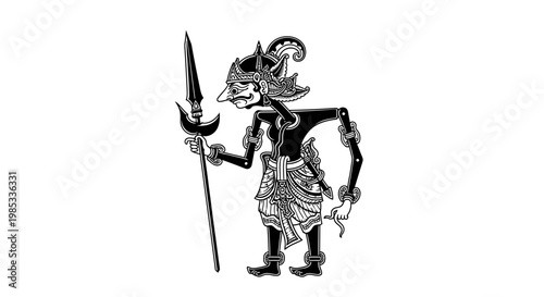 Traditional Indonesian Wayang Kulit Shadow Puppet Warrior with Spear, Black and White