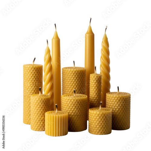 Group of beeswax candles on transparent background