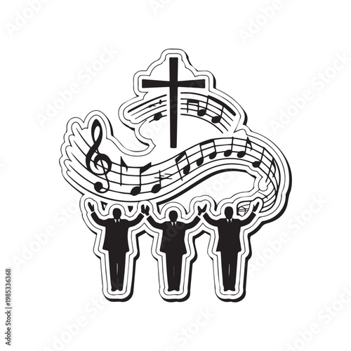 Christian Worship Illustration Featuring Church Choir Singing Praise Music Near Holy Cross Symbol. 