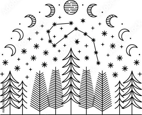 Minimalist night forest with stars, crescent moon, and trees