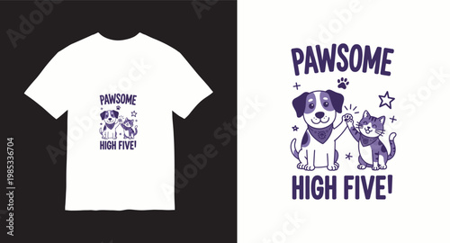 Pawsome high five between dog and cat, fun t-shirt design with animals.