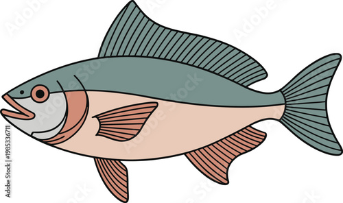 Minimalist scandinavian-style line of a blue fish with pink fins