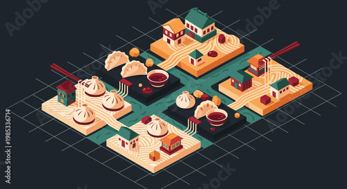 Isometric Asian Food City Map Concept with Dim Sum, Noodles, and Traditional Village Houses Vector Illustration