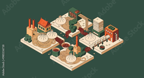 Isometric Asian Food Factory Concept Illustration with Noodles, Dumplings, and Dim Sum in Retro Style.