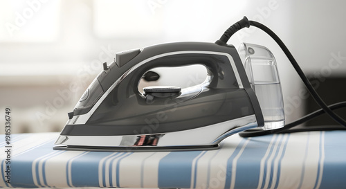 Close-up of a steam iron resting on a striped ironing board, ready for household chores