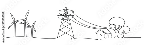 Wind energy continuous line art drawing wind turbines producing electricity power line and home consumer black linear vector illustration