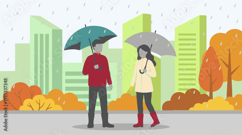 Man and woman with umbrellas in rainy autumn city park illustration