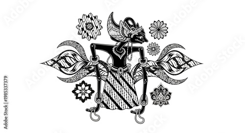 Traditional Javanese Wayang Kulit Puppet with Batik Pattern and Floral Ornaments