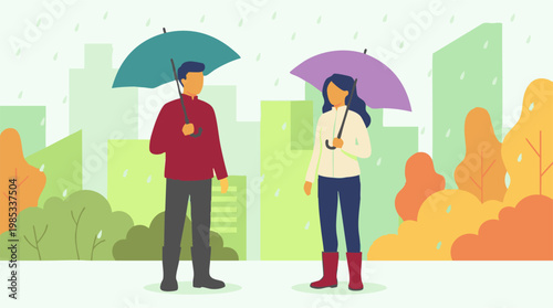 Two people with umbrellas in city park on a rainy autumn day