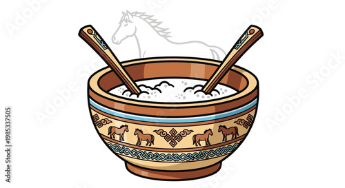 Traditional Kazakh Kumis Bowl with Horse Illustration