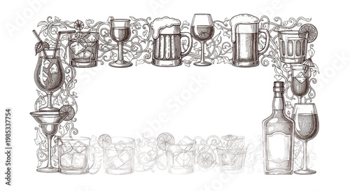 Bar, restaurant, alcohol, drink icons, frame border, wine glass, cocktail, beer mug