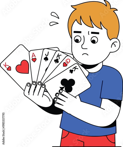 Confused young boy holding playing cards, poker hand, gambling concept