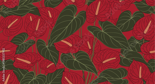 Lush seamless pattern of anthurium flowers and large green leaves in deep red and olive colors for a tropical botanical theme.