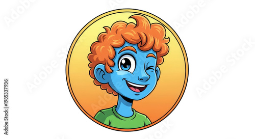 Winking Blue Boy with Curly Orange Hair, Cartoon Character, Happy Expression