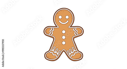 Sweet illustration of a classic gingerbread man cookie with white icing decorations and three buttons on a white background.