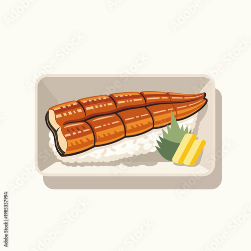 Delicious Illustration of Japanese Unagi Sushi with Grilled Freshwater Eel on Rice, a Savory Asian Culinary Concept