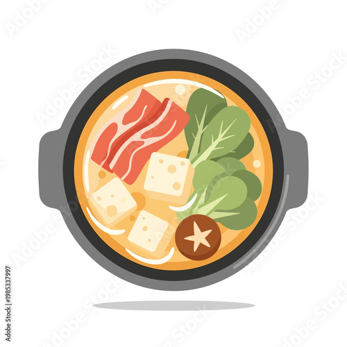 Delicious Asian hot pot illustration featuring savory meat, fresh vegetables, and tofu cubes in a flavorful broth