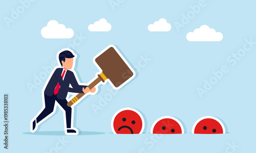Businessman preparing to hit sad emoticons emerging from a hole illustration of effort to reduce negative market sentiment