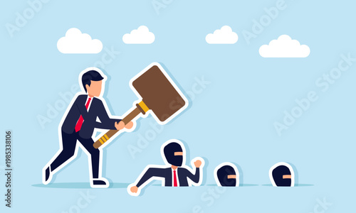Businessman preparing to hit thieves emerging from a hole illustration of effort to prevent fraud in business