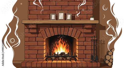 Cozy living room fireplace made of red bricks features a warm crackling fire with logs and decorative smoke elements.