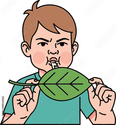 Boy blowing a leaf like a trumpet, playful outdoor activity, nature fun