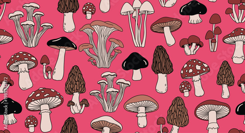Vibrant seamless pattern features a diverse collection of hand drawn mushrooms and fungi in various shapes on pink.
