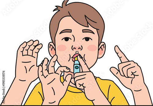 Child using nasal spray for allergy relief, cartoon illustration