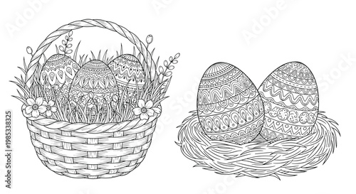 Detailed black and white line art illustrates intricately decorated Easter eggs placed inside a wicker basket and a nest.