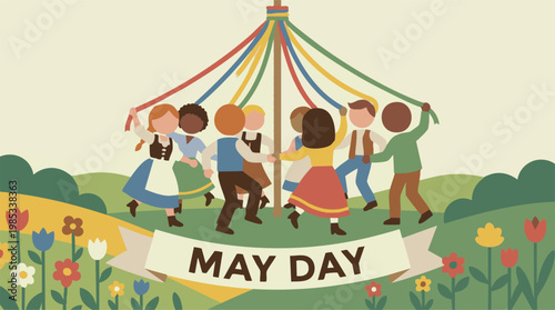 May Day Celebration with Diverse Group Dancing Around Traditional Maypole