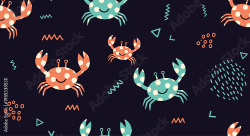 Playful seamless pattern displays cute cartoon crabs with polka dots and abstract shapes on a dark navy blue background.