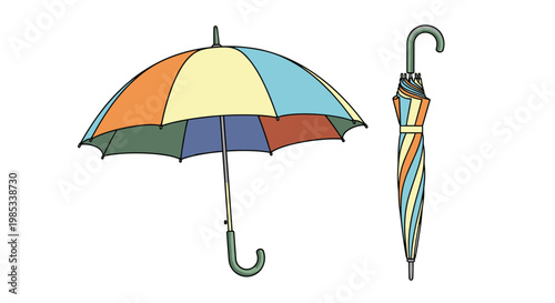 Large multi colored striped umbrella is shown in both open and closed positions against a clean white background.