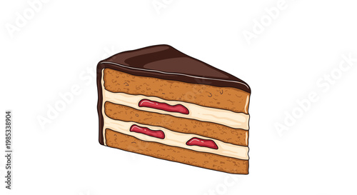 Mouth watering illustration of a slice of layered sponge cake features rich chocolate frosting and red berry jam filling.
