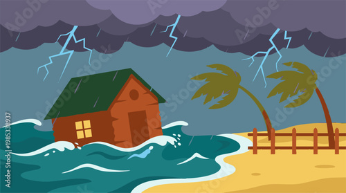 House Submerged in Flood from Severe Storm with Rain and Lightning