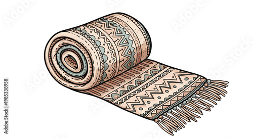 Decorative illustration shows a rolled up rug or blanket featuring intricate geometric patterns in muted earthy tones.