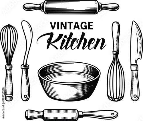 Black and white vintage kitchen utensils line whisk