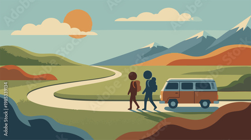 Minimalist landscape with two backpackers, a camper van, and mountains